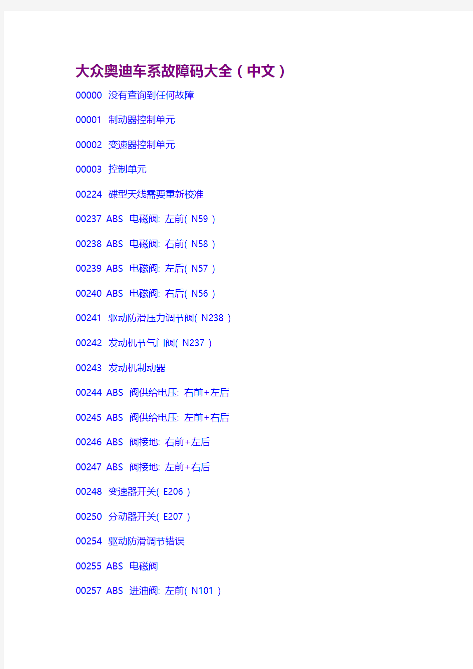 大众奥迪车系故障码大全(中文)