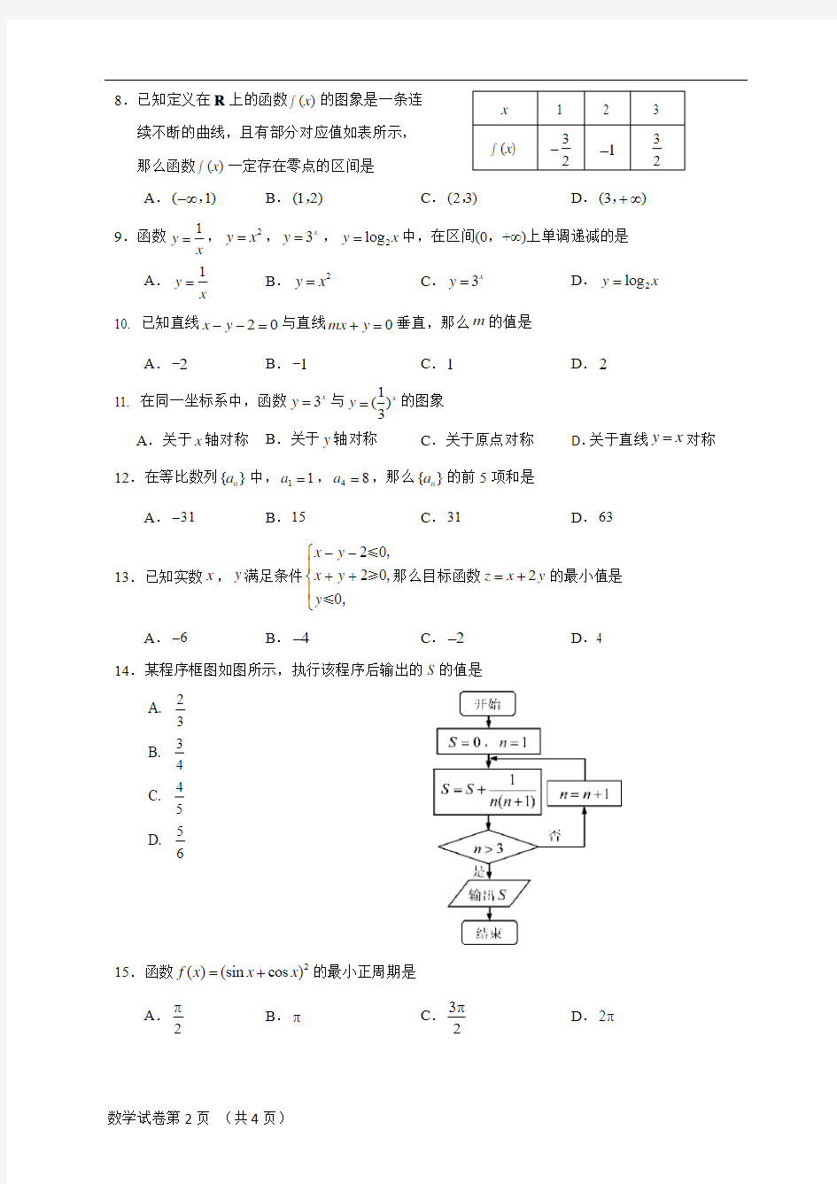 2015年北京市春季普通高中会考数学试题