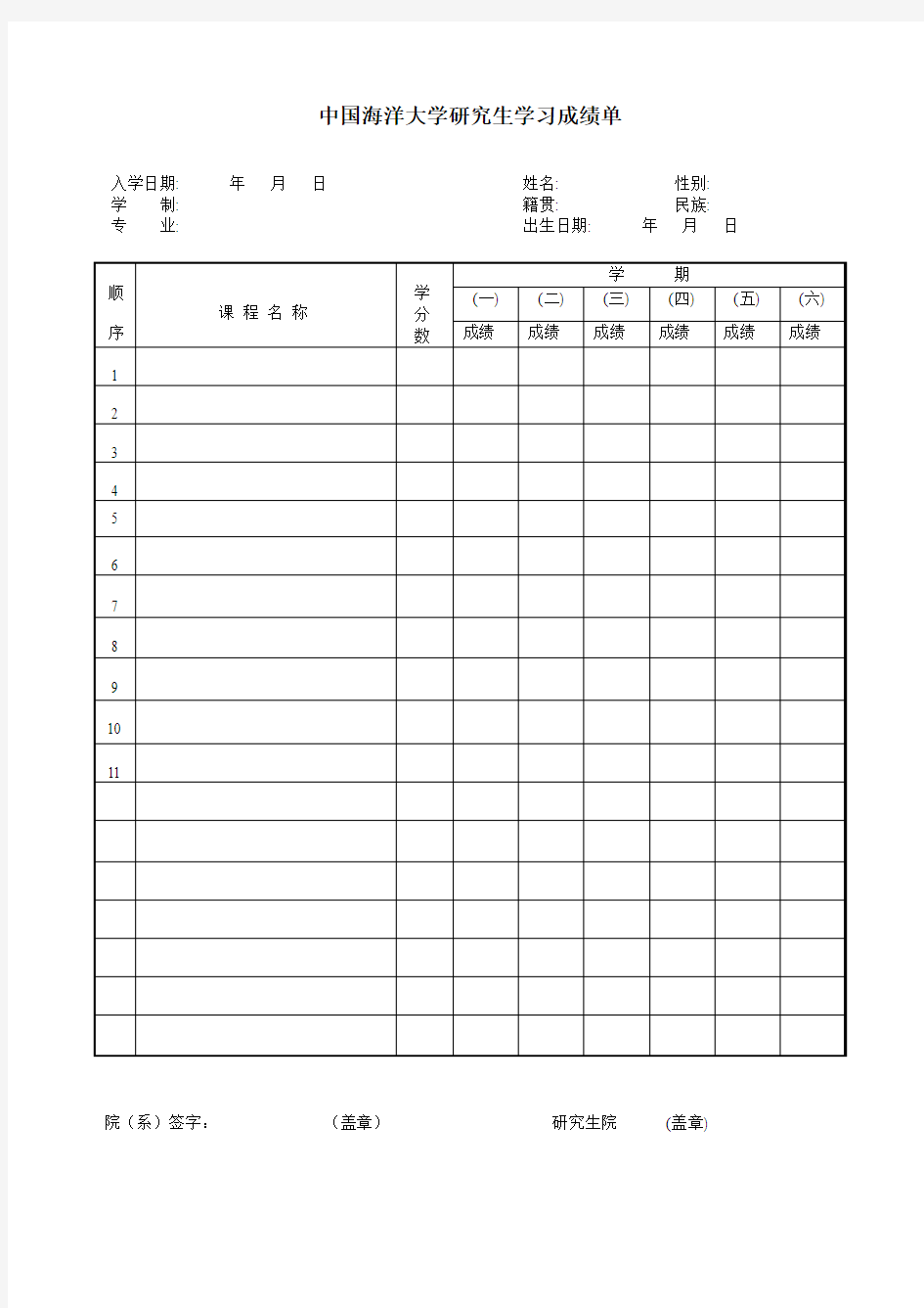  中国海洋大学研究生学习成绩单