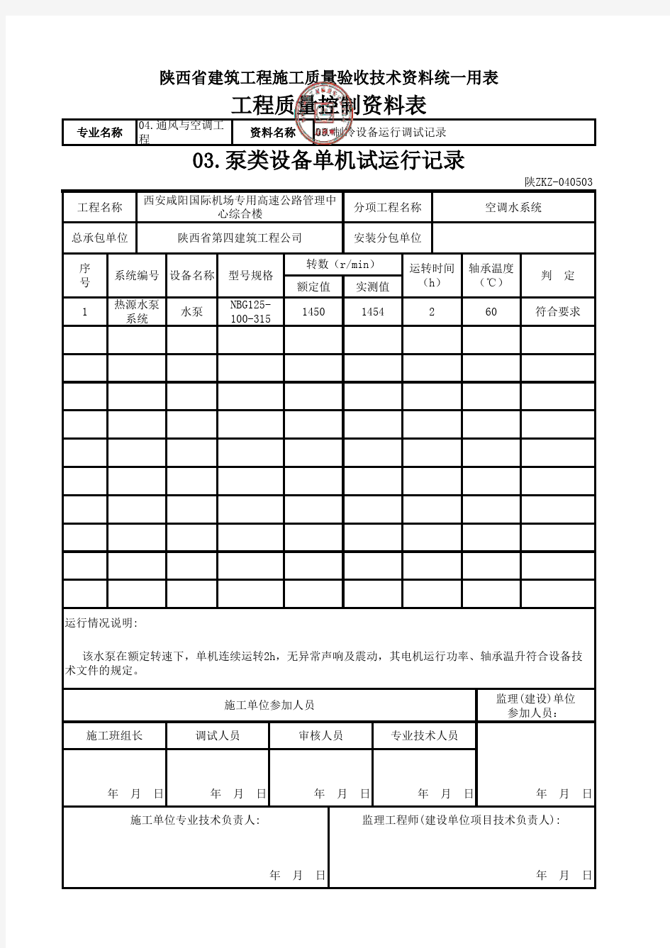 泵类设备单机试运行记录