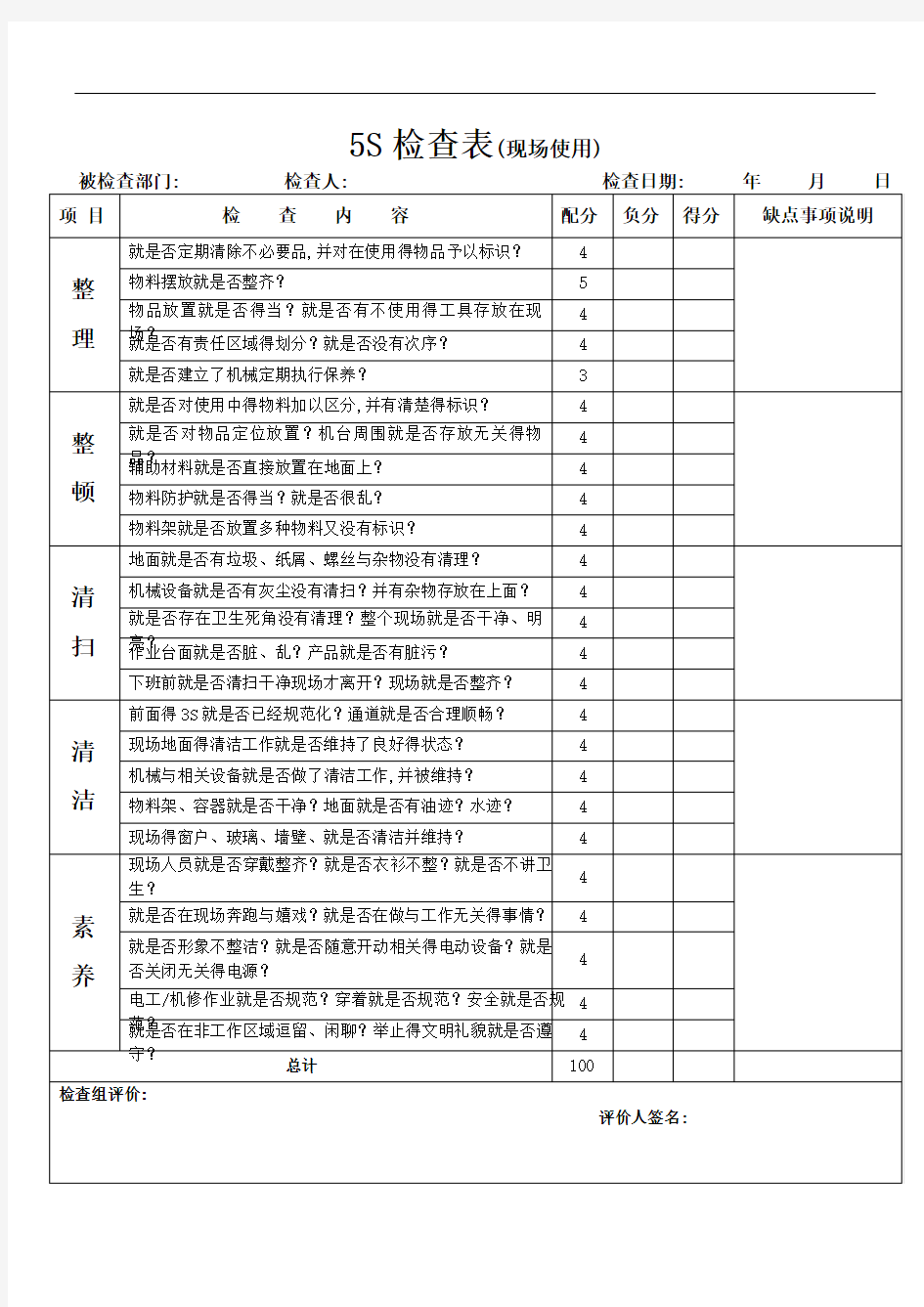 5S检查表