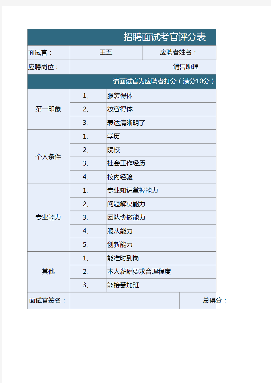 招聘面试考官评分表