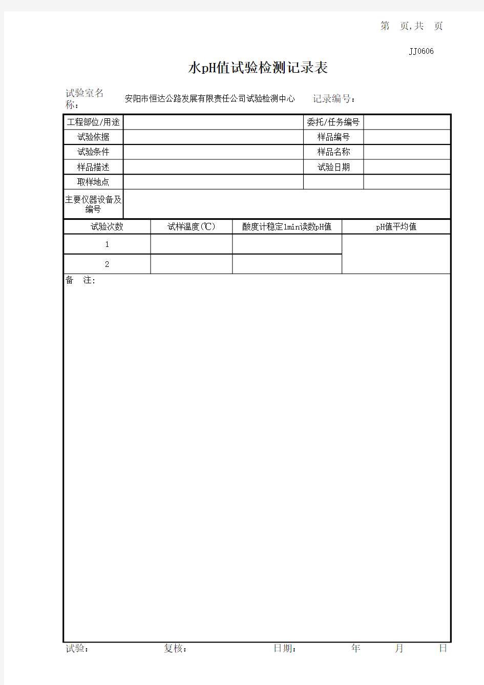 水pH值试验记录表