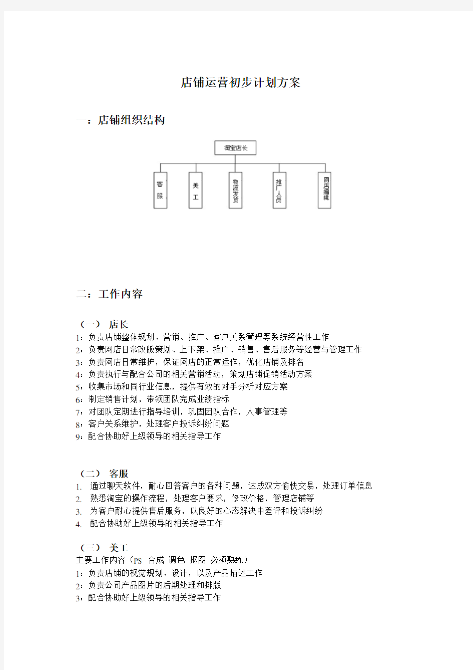 各种网络店铺运营初步计划方案