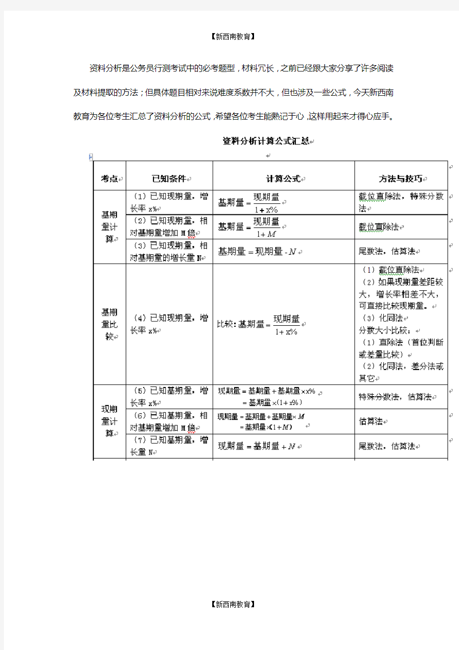 公务员考试行测技巧：资料分析之常用公式汇总