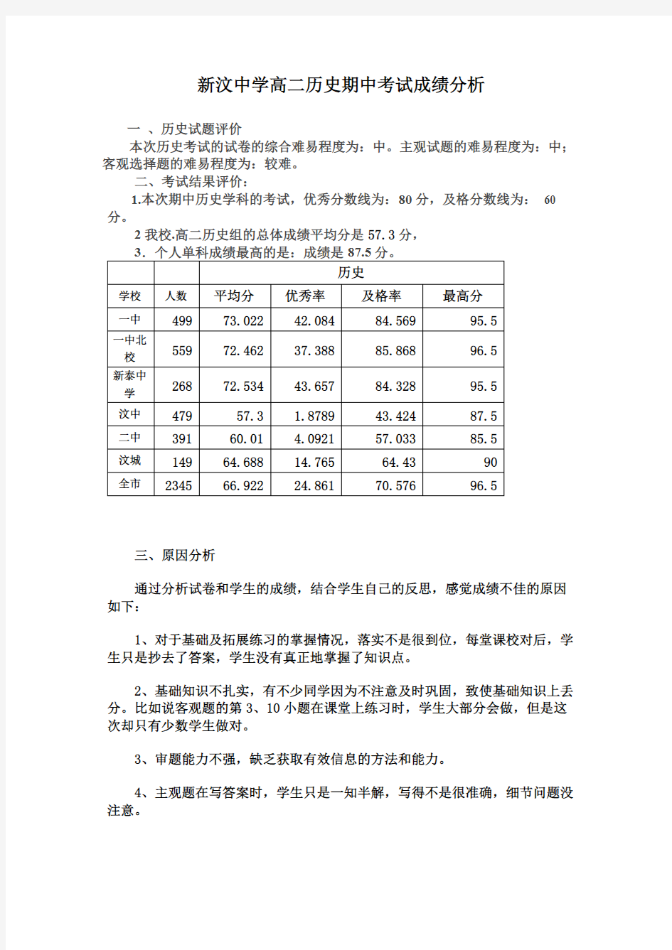 (完整版)高二历史期中考试成绩分析