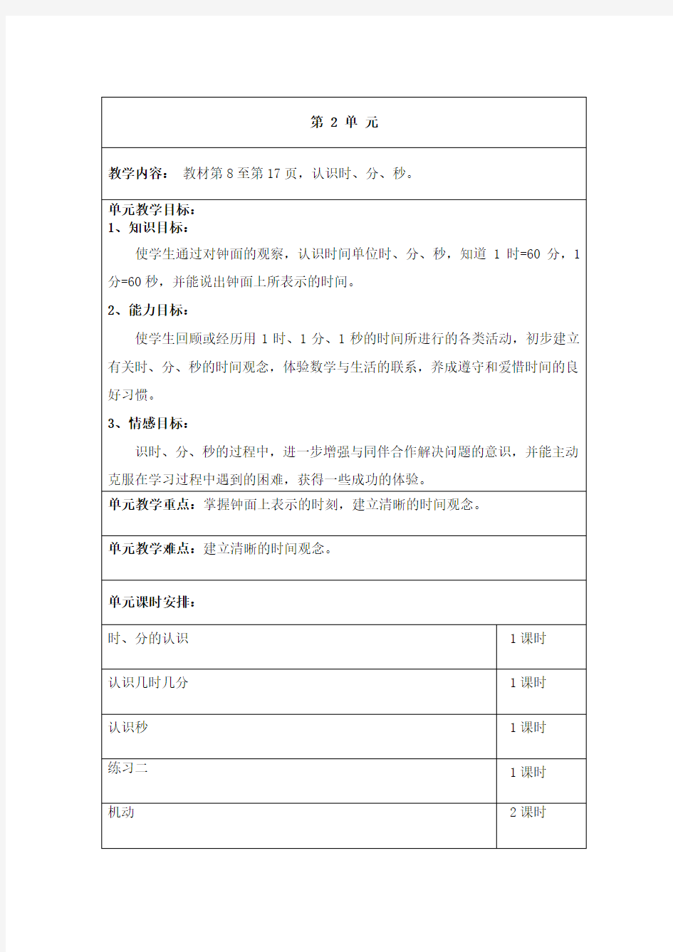 苏教版二下数学时分秒单元备课