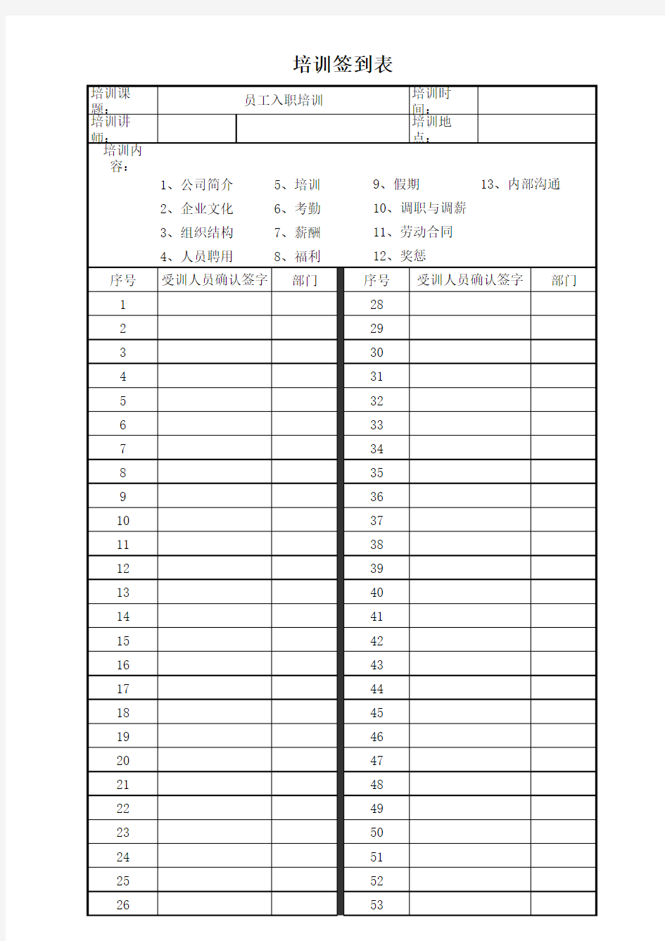 入职培训签到表