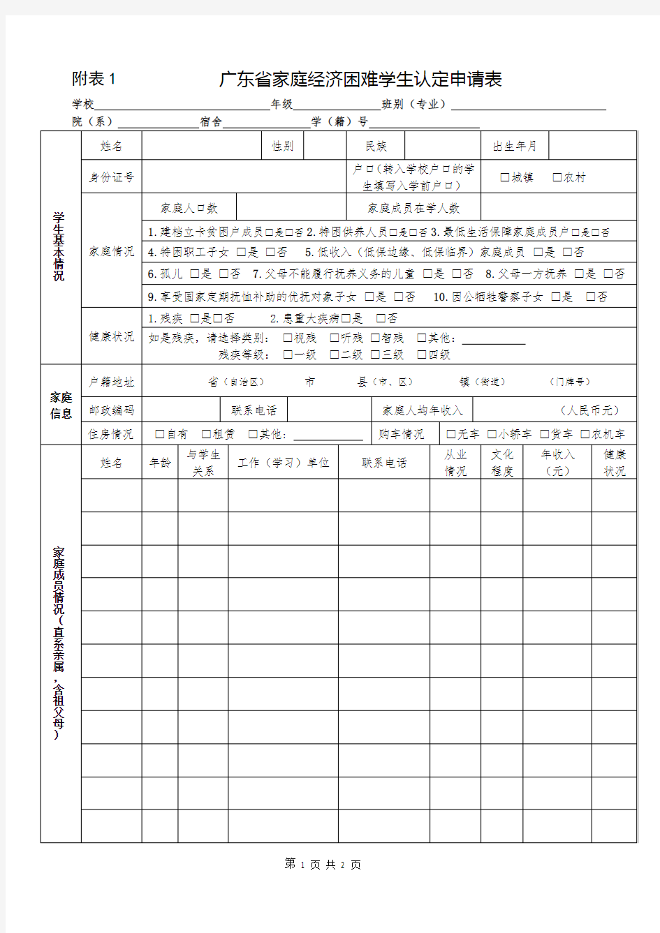 大学贫困申请表2018