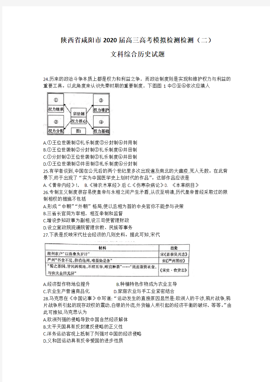 陕西省咸阳市2020届高三高考模拟检测检测(二)文科综合历史试题