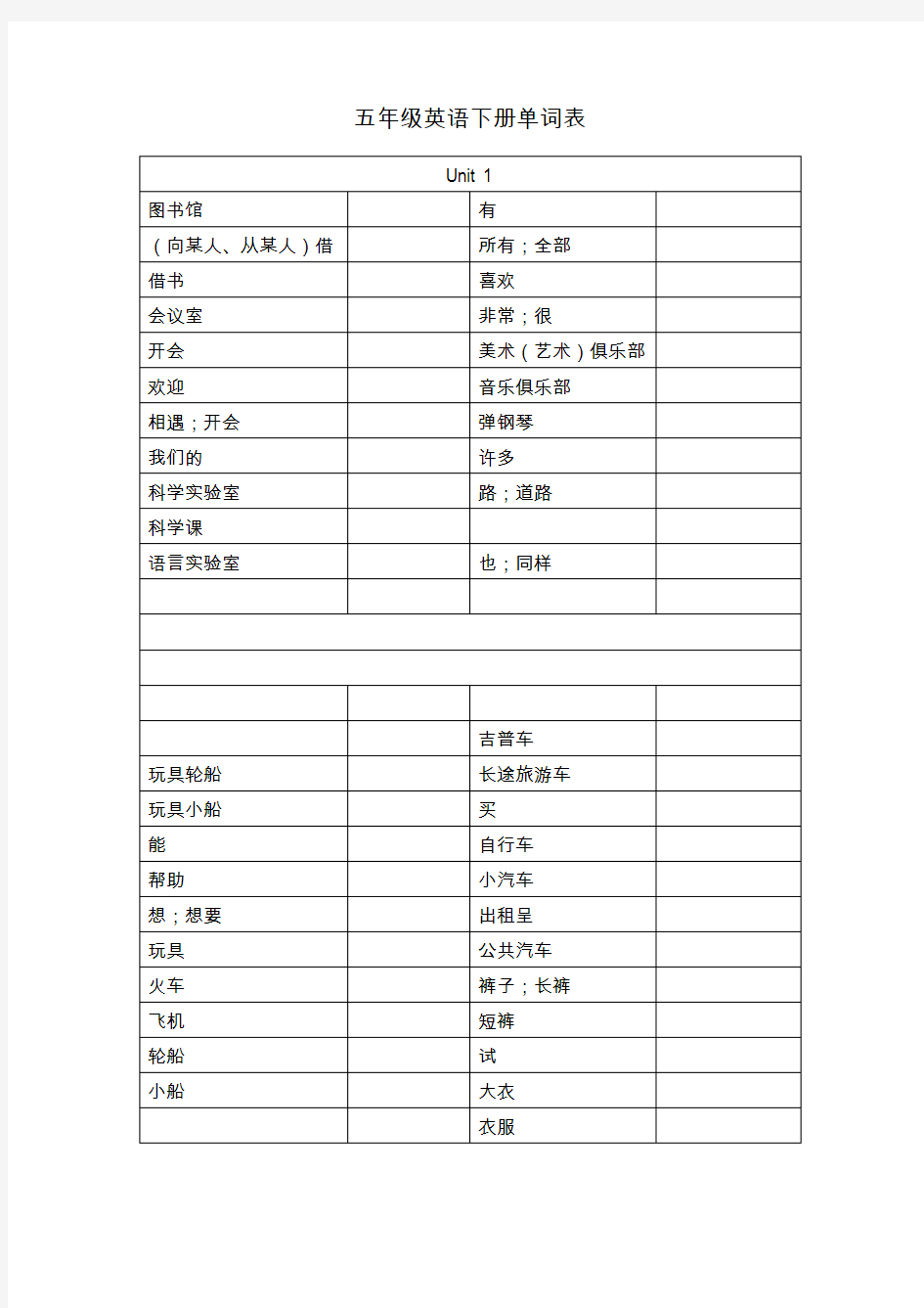 五年级英语下册单词表