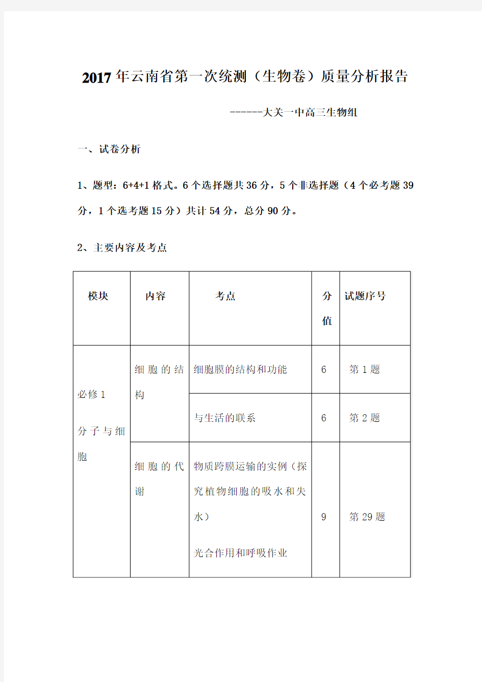 云南省第一次统测 生物 质量分析报告