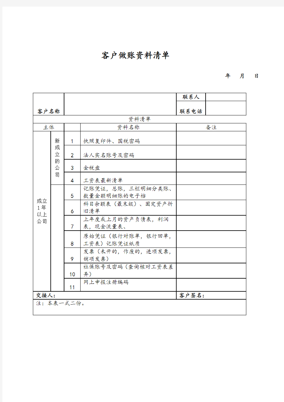 记账客户资料交接清单