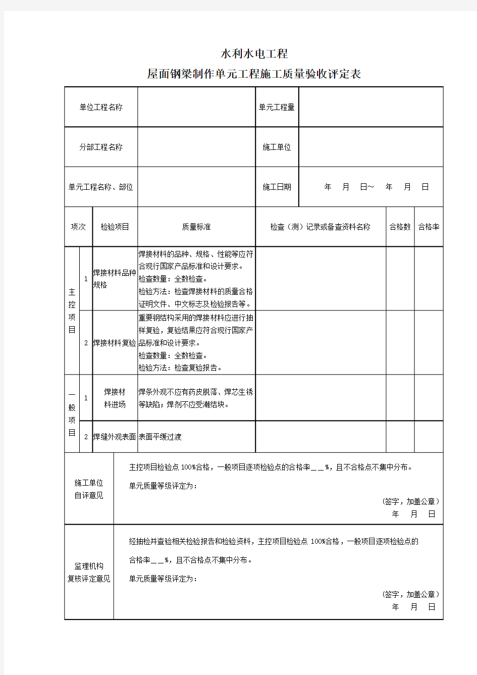 工程施工质量验收评定表