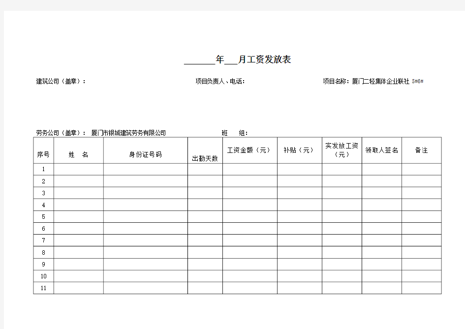 项目部管理人员工资表