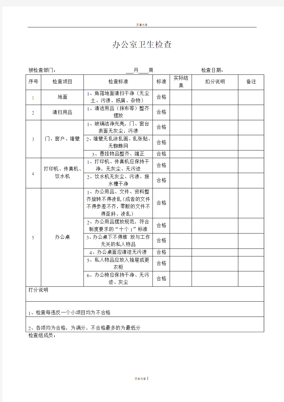 办公室卫生检查表