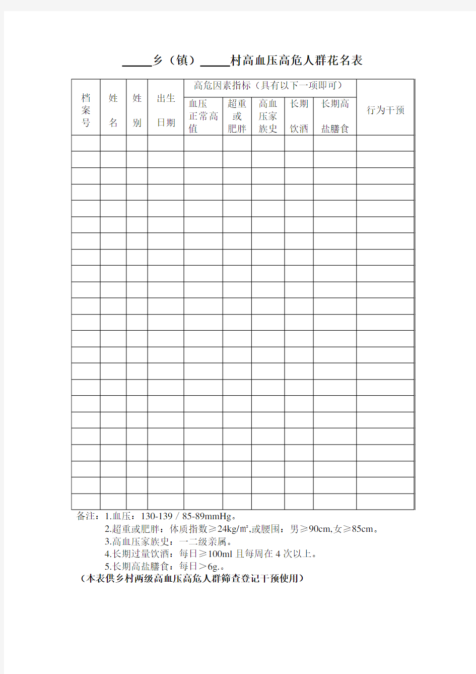 高血压、糖尿病高危人群管理登记表