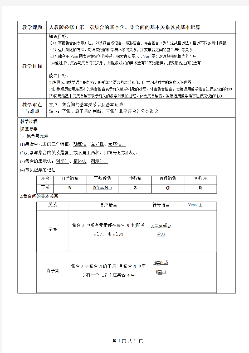 第1讲  必修1第一章集合的基本含、集合间的基本关系以及基本运算-教师版