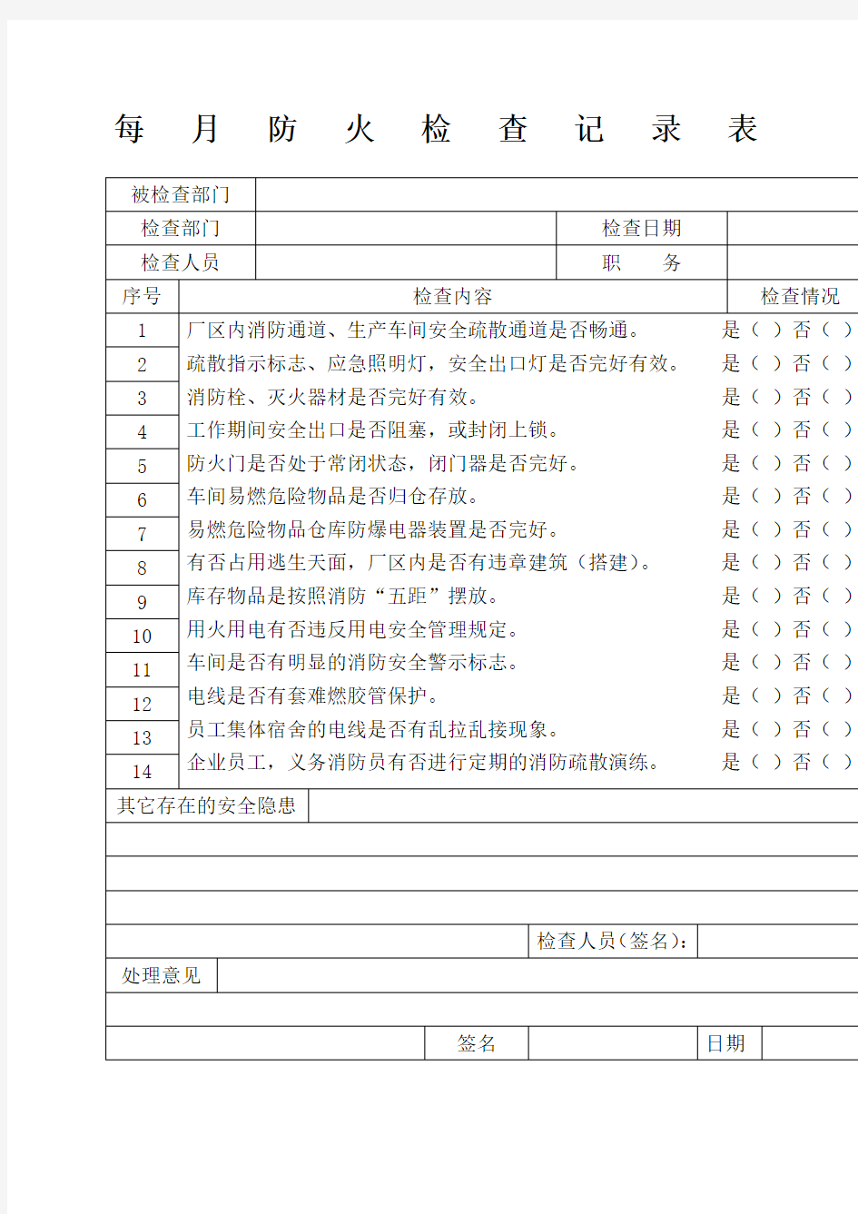 每月防火检查记录表每月一次)