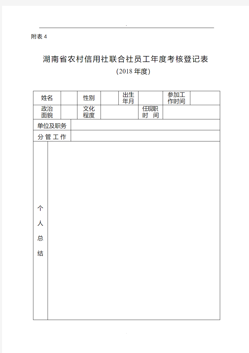 湖南省农村信用社联合社员工年度考核登记表