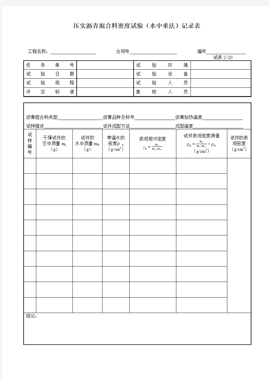 压实沥青混合料密度试验(水中重法)记录表