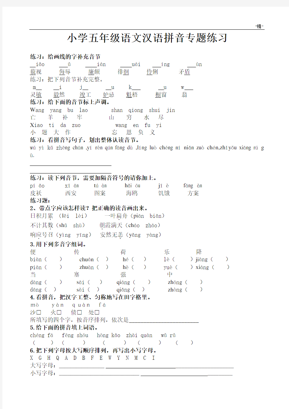 小学五年级语文汉语拼音专题练习