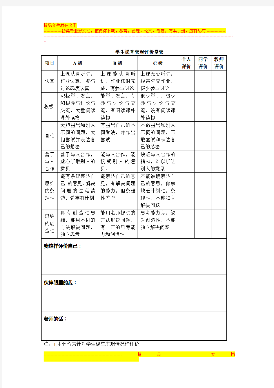 学生课堂各种活动评价量规样表