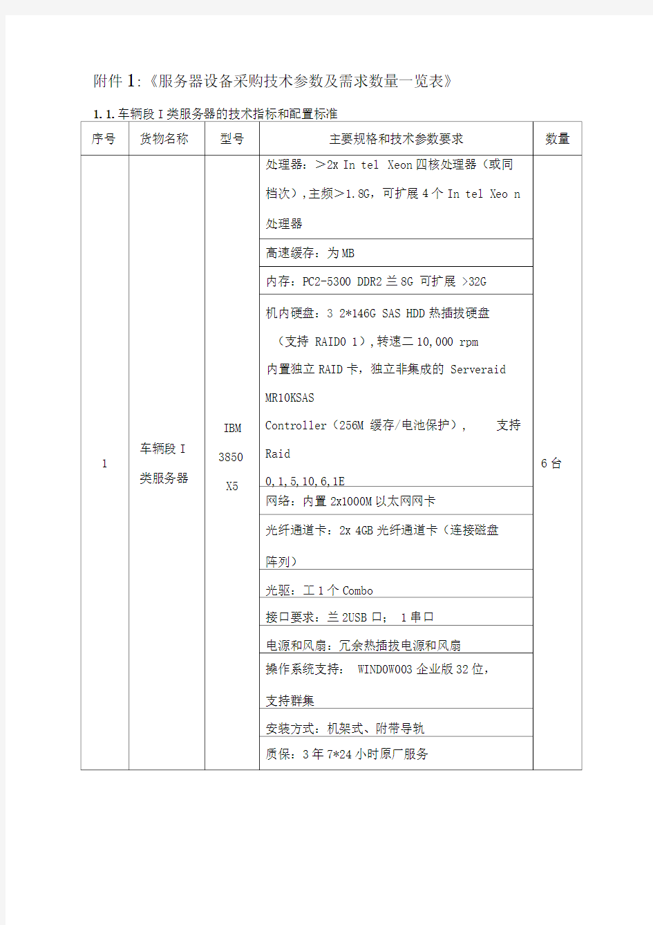 服务器设备采购技术参数及需求数量一览表