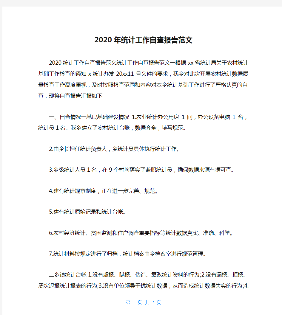 2020年统计工作自查报告范文