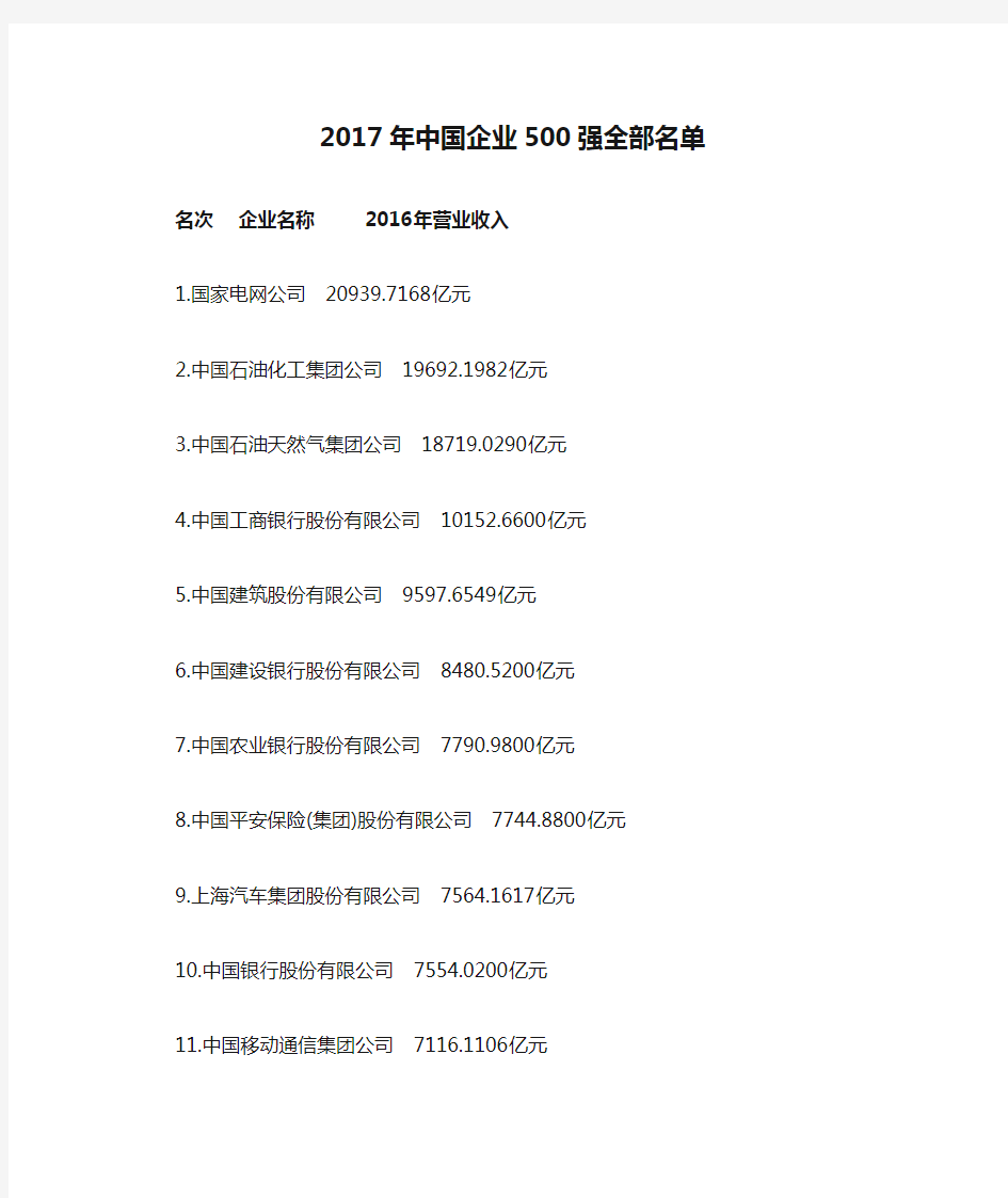 2017年中国企业500强全部名单