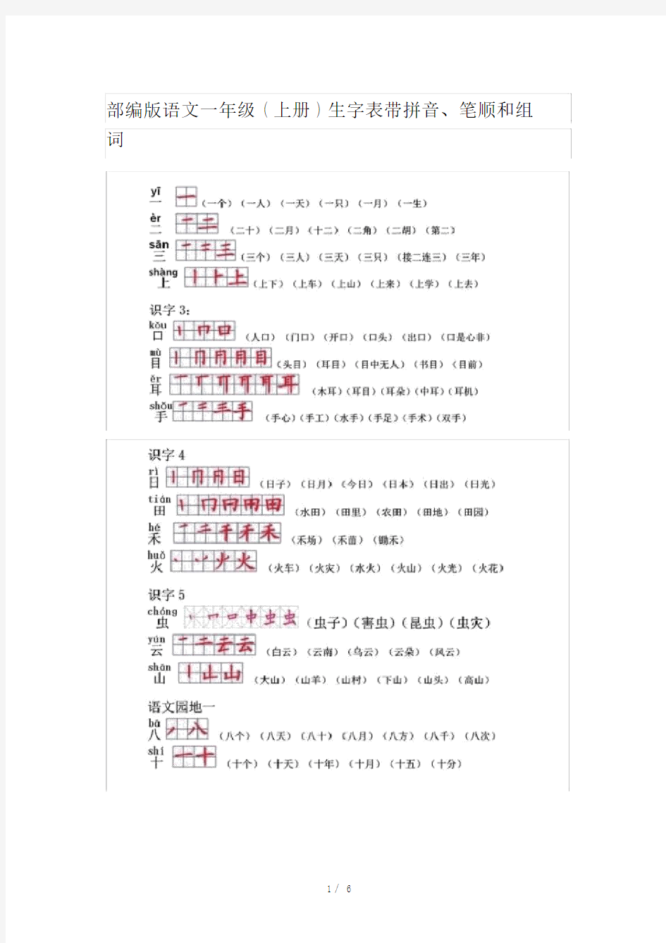 最新部编版语文一年级(上册)生字表带拼音、笔顺和组词.docx