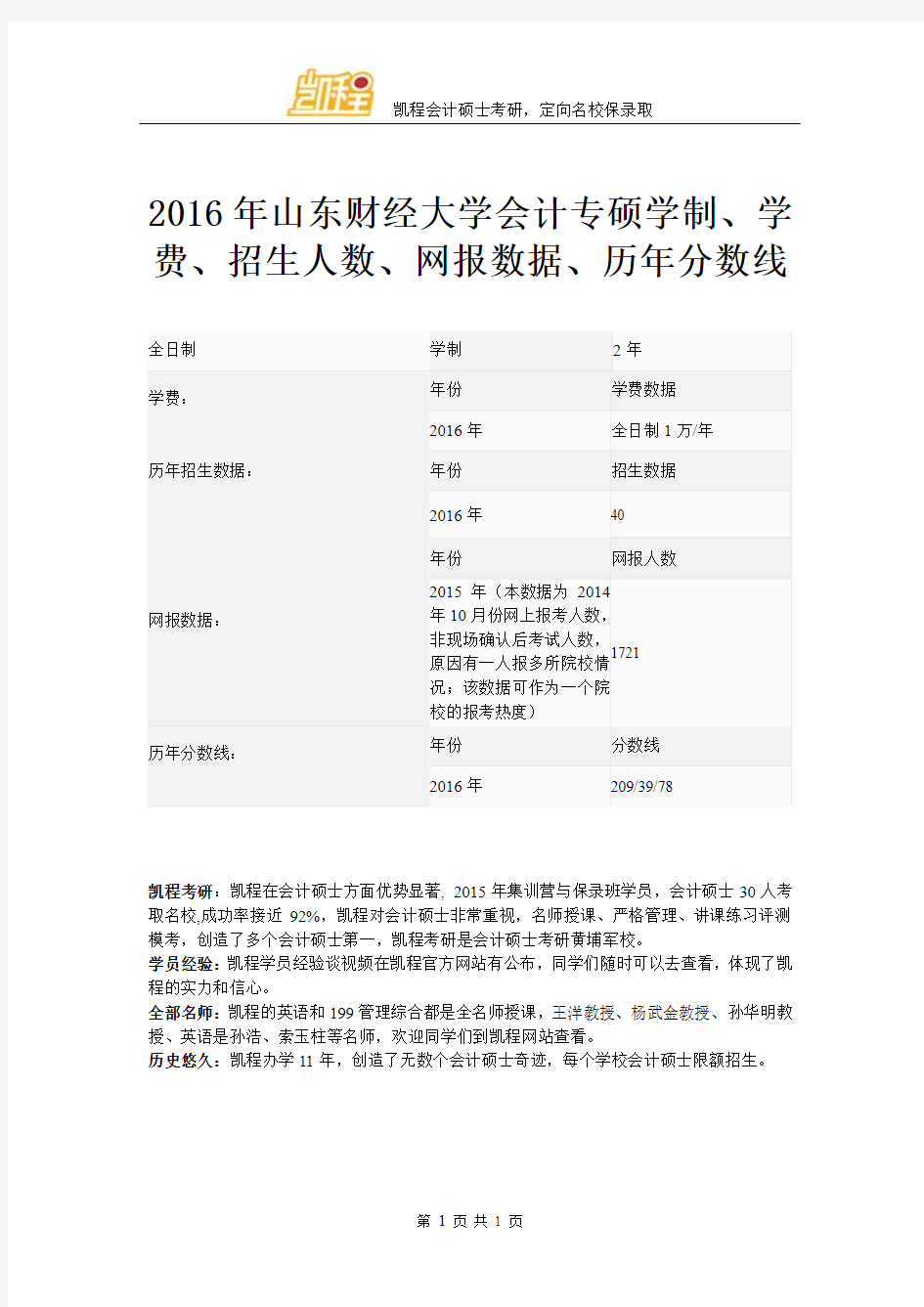 2016年山东财经大学会计专硕学制、学费、招生人数、网报数据、历年分数线