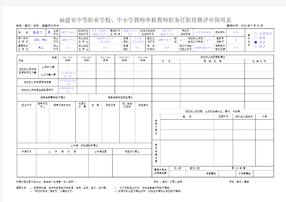 教师职务任职资格评审简明表(范例)