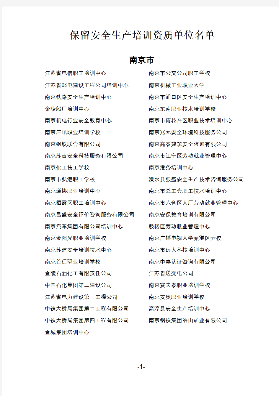江苏省安监局培训机构名单