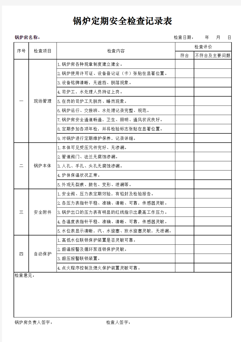 锅炉定期安全检查记录表