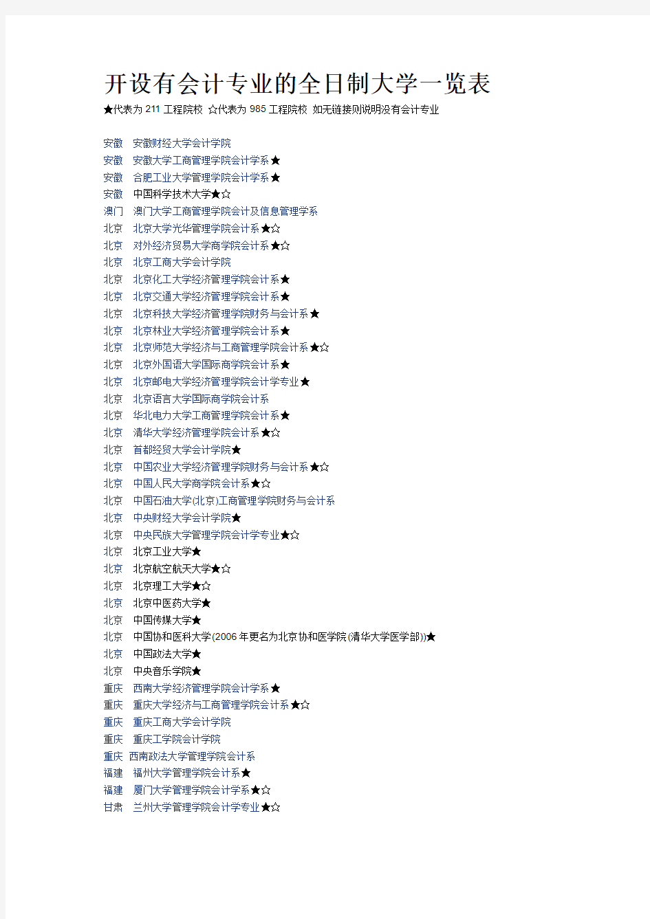 开设有会计专业的全日制大学一览表