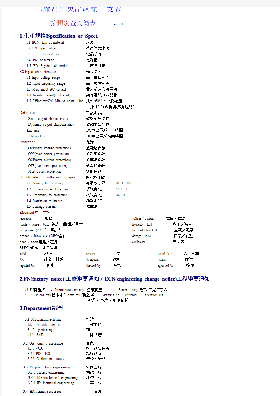 工厂常用英语词汇一览表