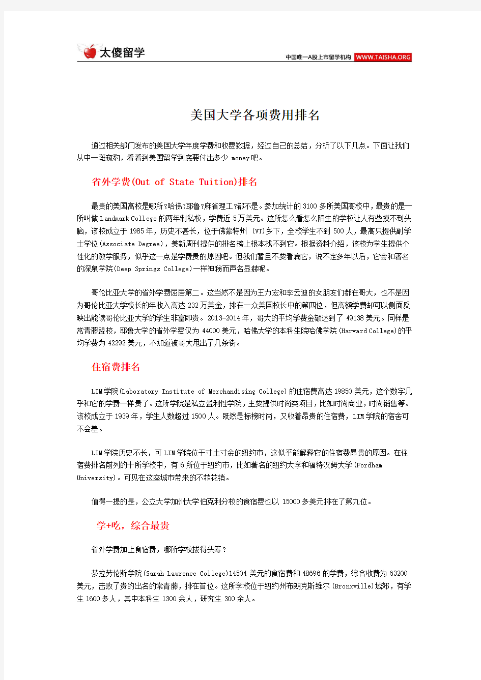 美国大学各项费用排名