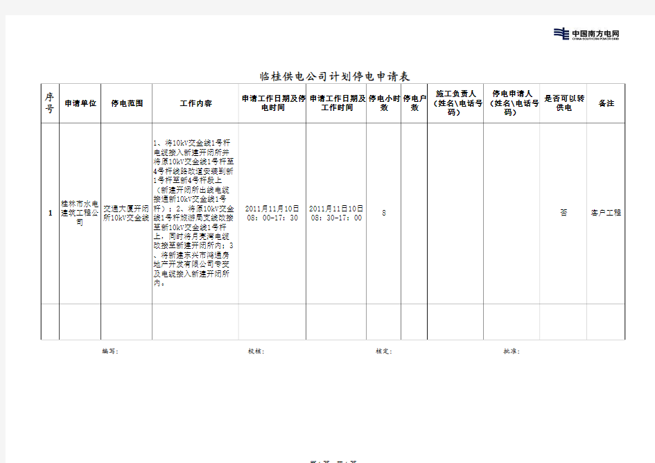 计划停电申请表