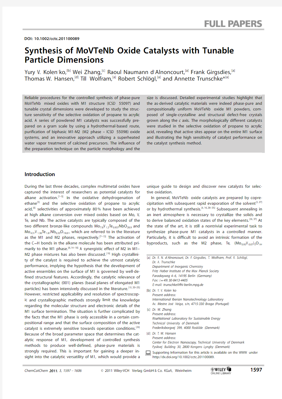 Synthesis of MoVTeNb Oxide Catalysts with Tunable Particle Dimensions