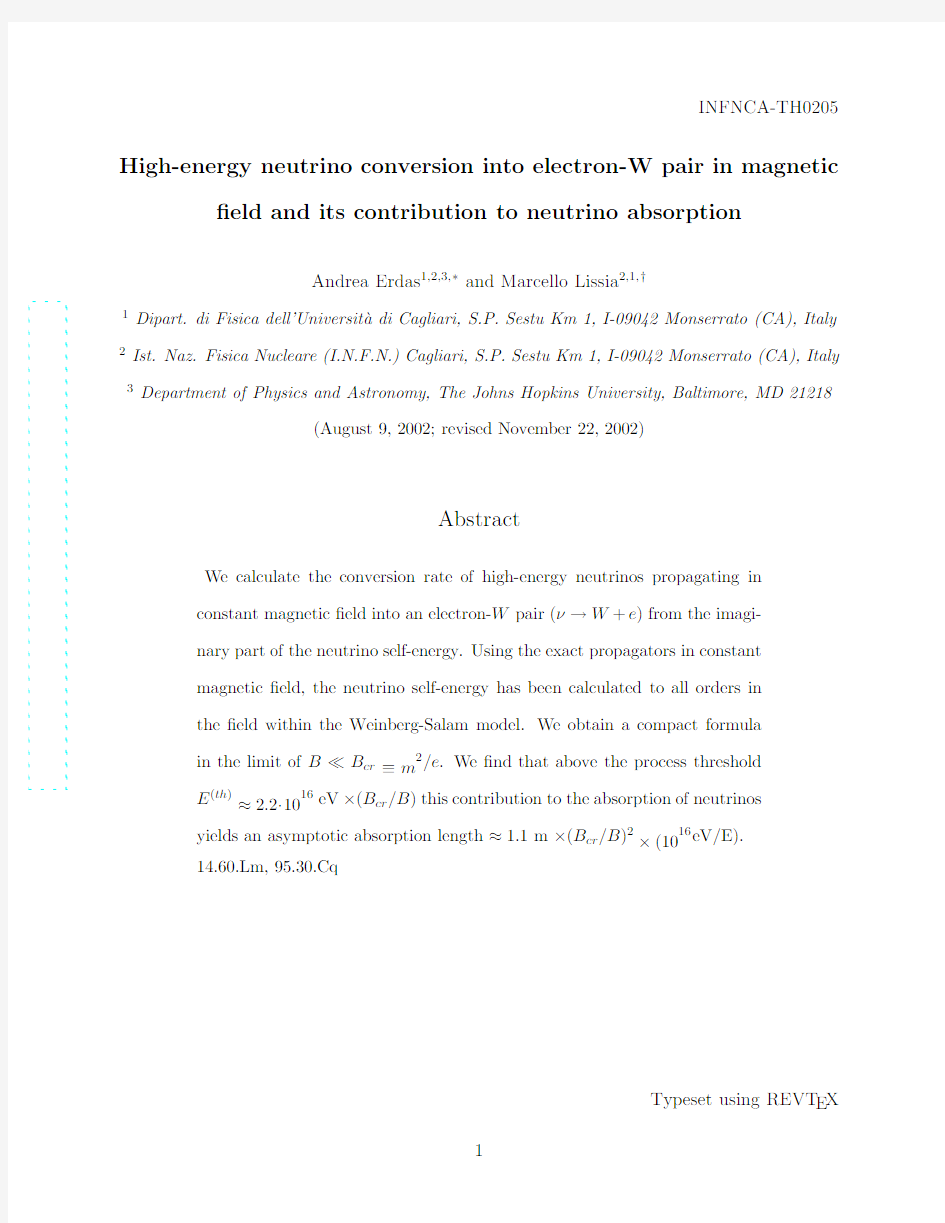 High-energy neutrino conversion into electron-W pair in magnetic field and its contribution