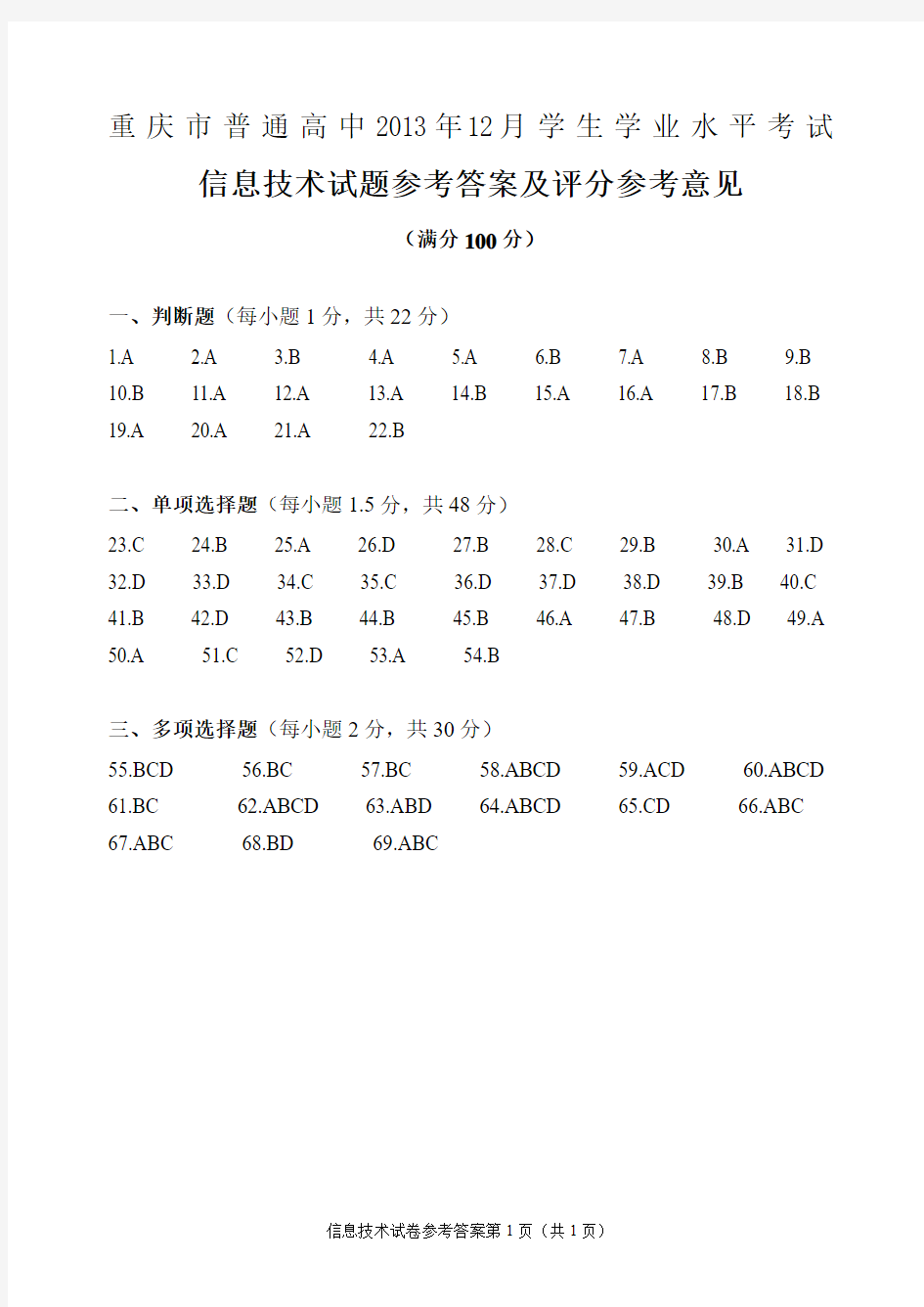 重庆市高2014级信息技术结业(重考)考试答案