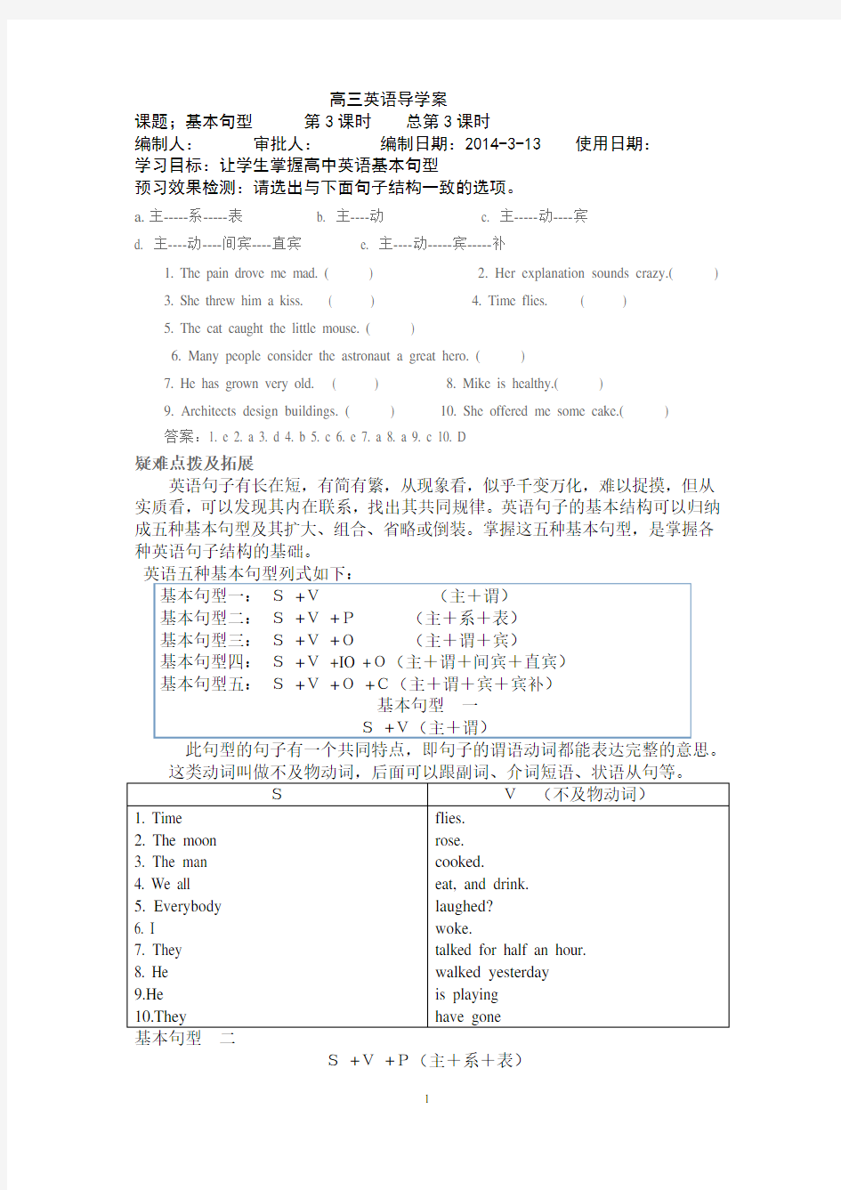 英语中五种基本句型,练习题及答案 人教版