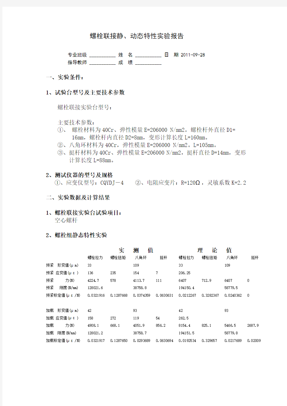 螺栓联接静、动态特性实验报告