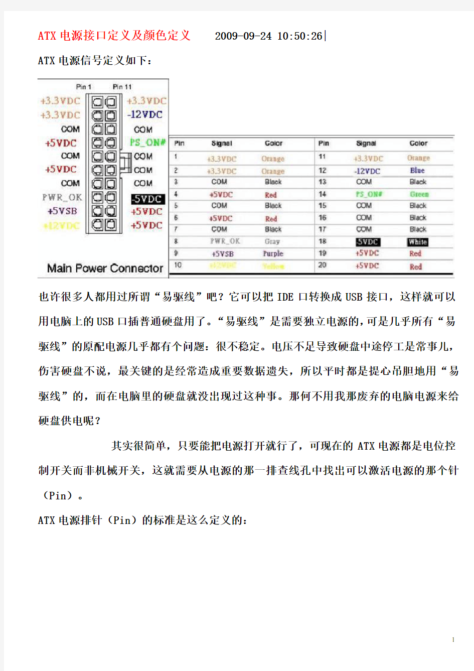 ATX电源接口定义及颜色定义