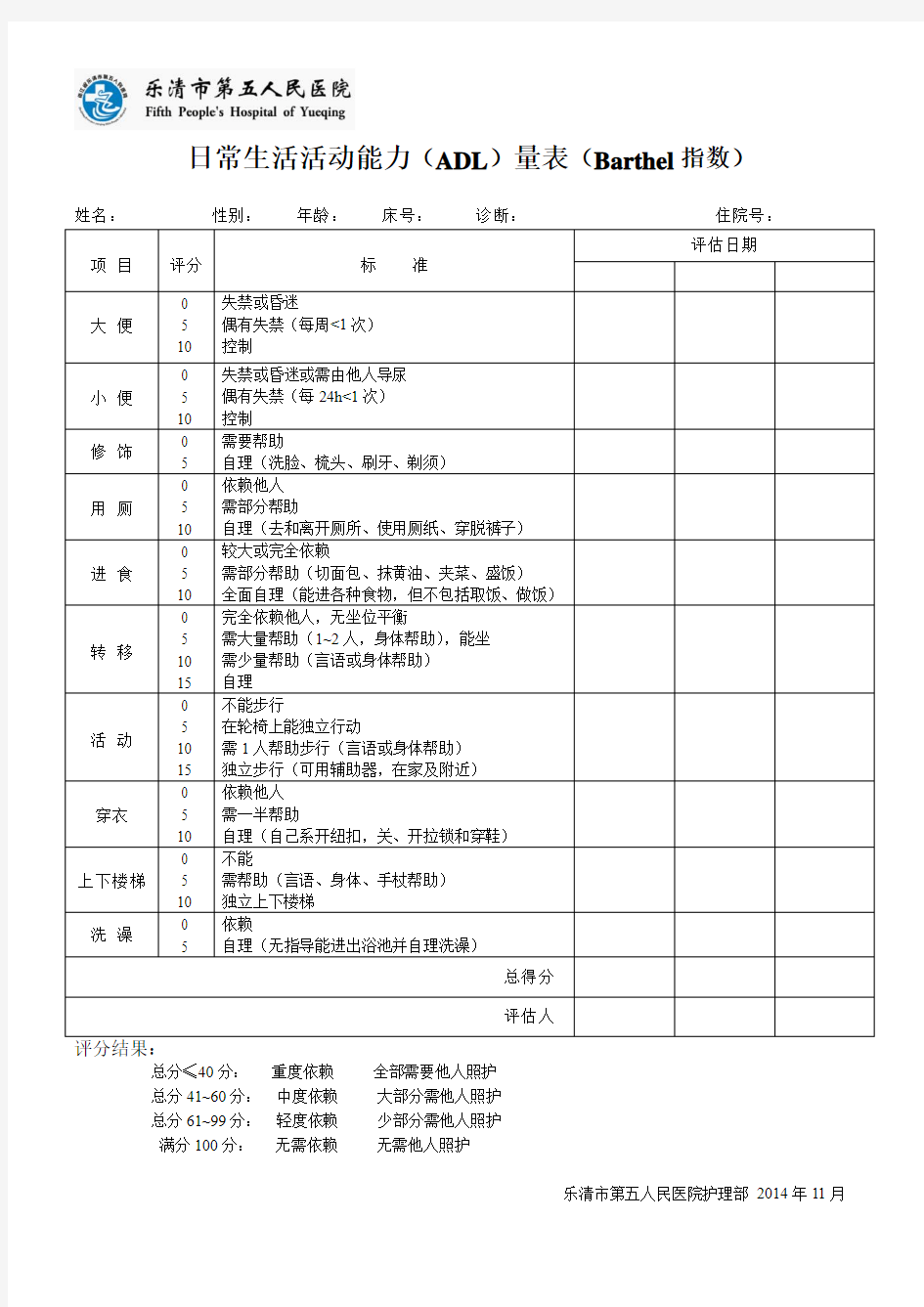 日常生活活动能力(ADL)量表(Barthel指数)