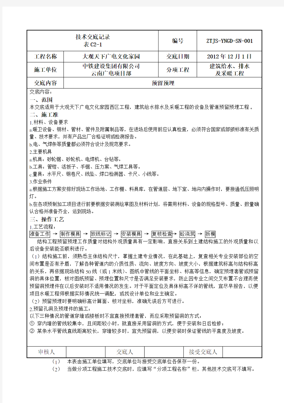 主体预留预埋技术交底