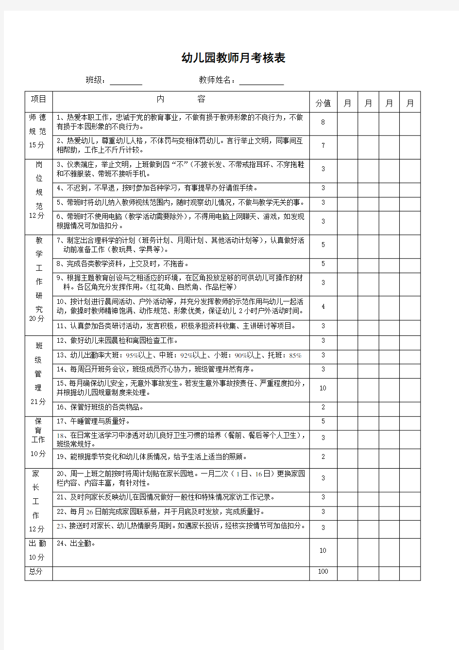幼儿园教师月考核表