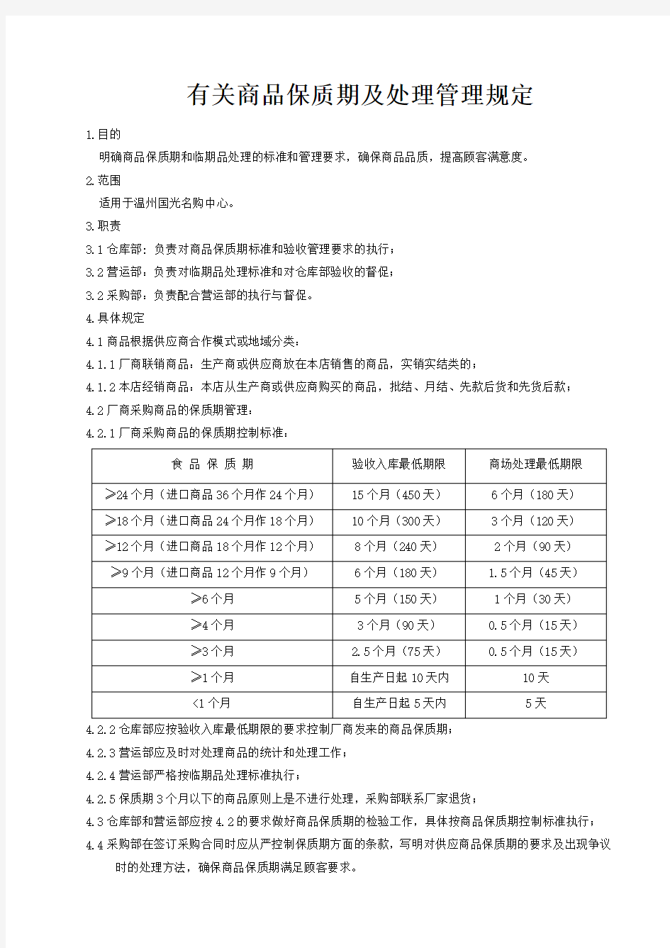 有关商品保质期及处理管理规定