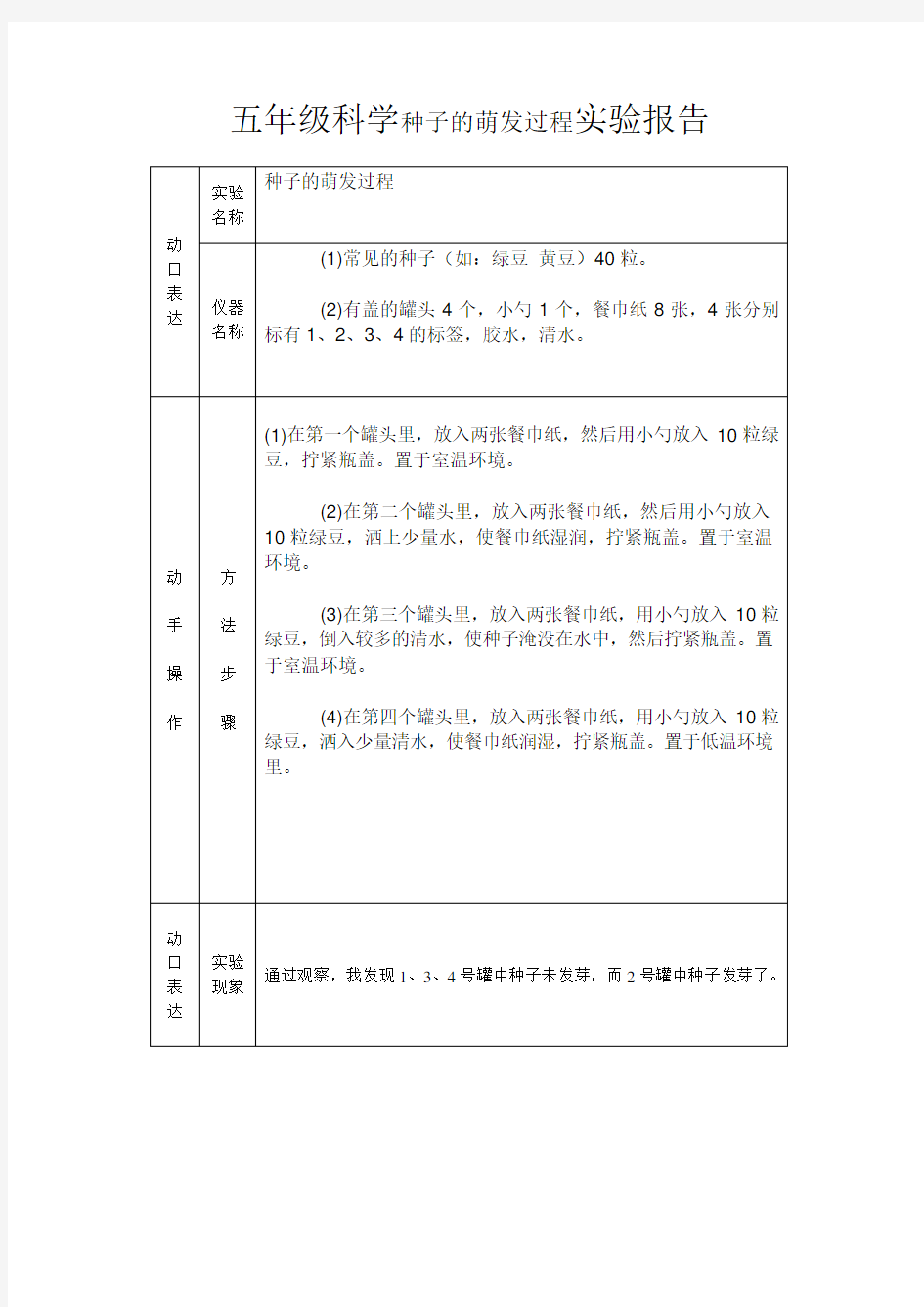 五年级科学种子的萌发过程实验报告